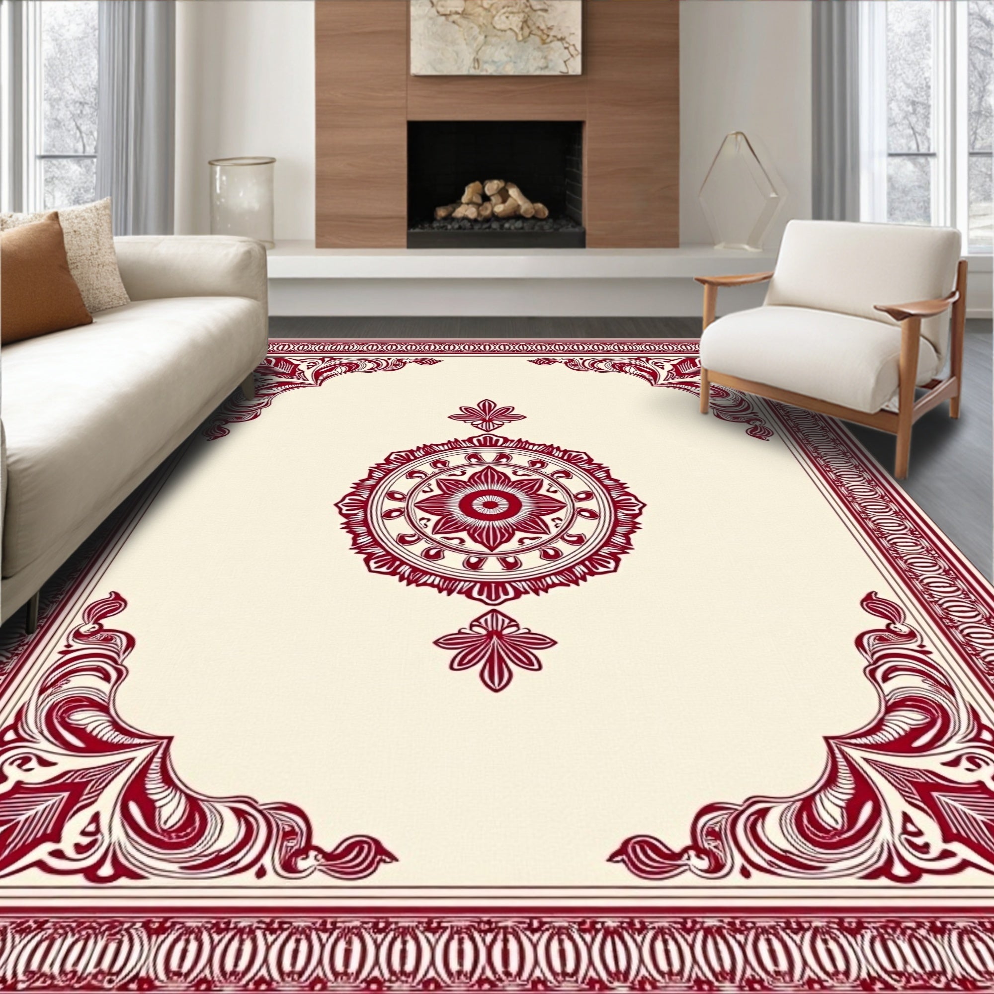 Crimson Cream Mandala Corner Flourish Rug