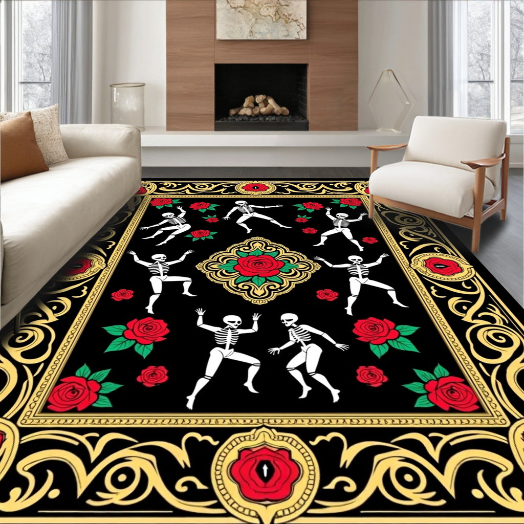 Dancing Skeletons Red Roses Bold Frame Rug