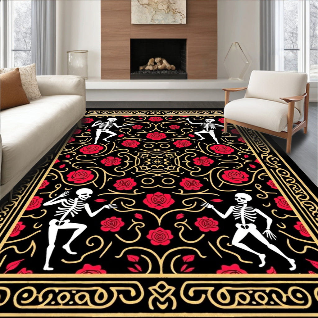 Dancing Skeletons Red Rose Scrollwork Rug