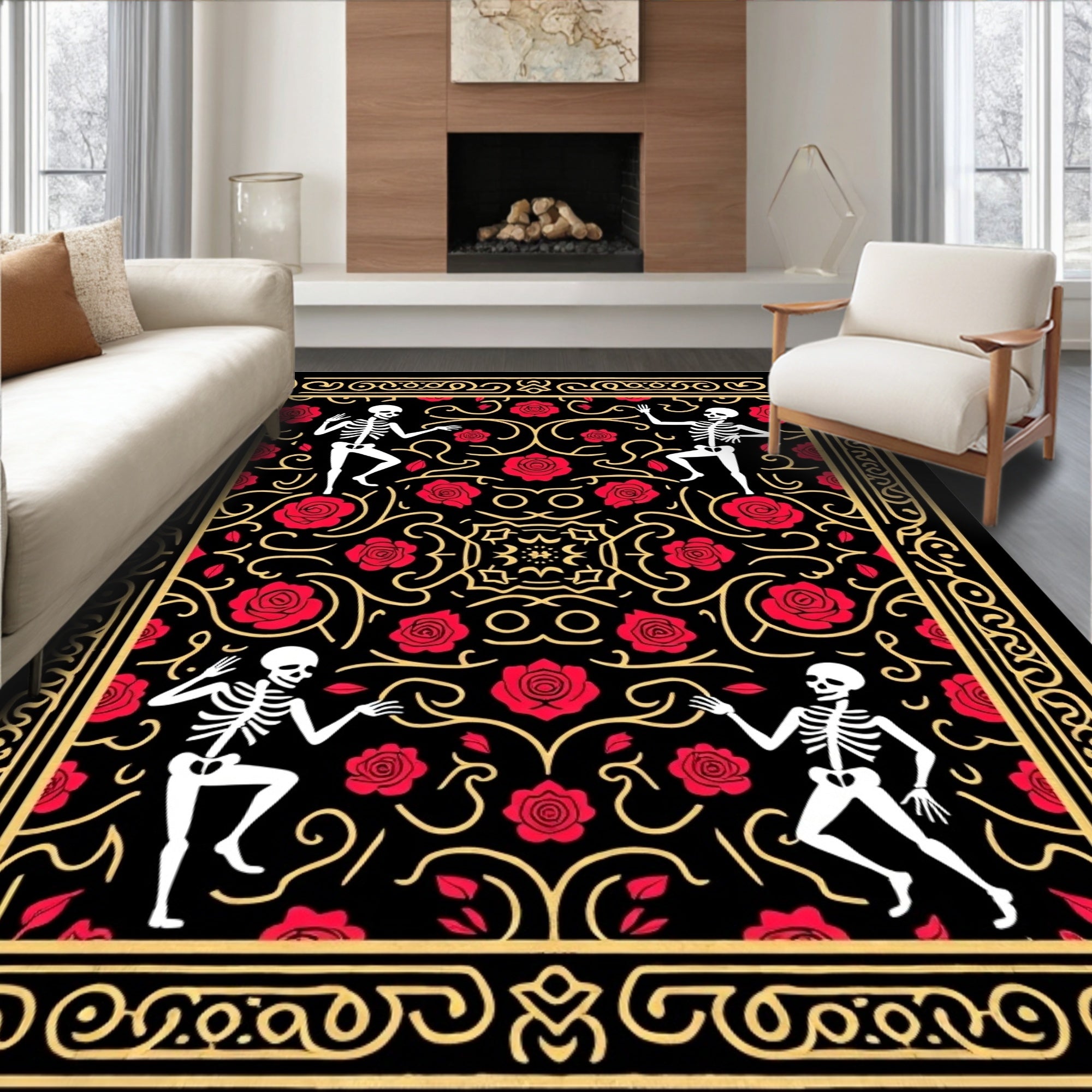 Dancing Skeletons Red Rose Scrollwork Rug