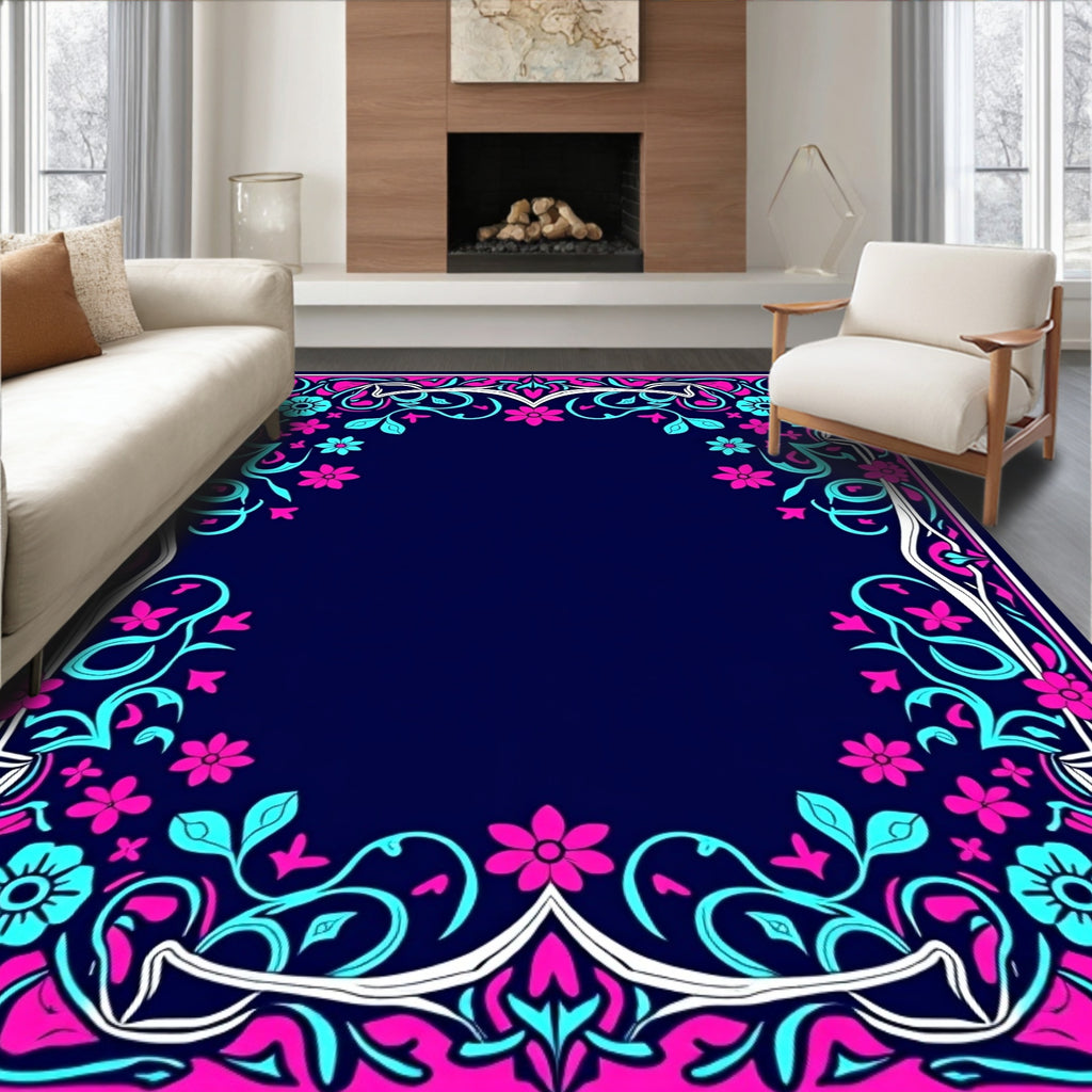 Vibrant Pink Teal Floral Frame Rug