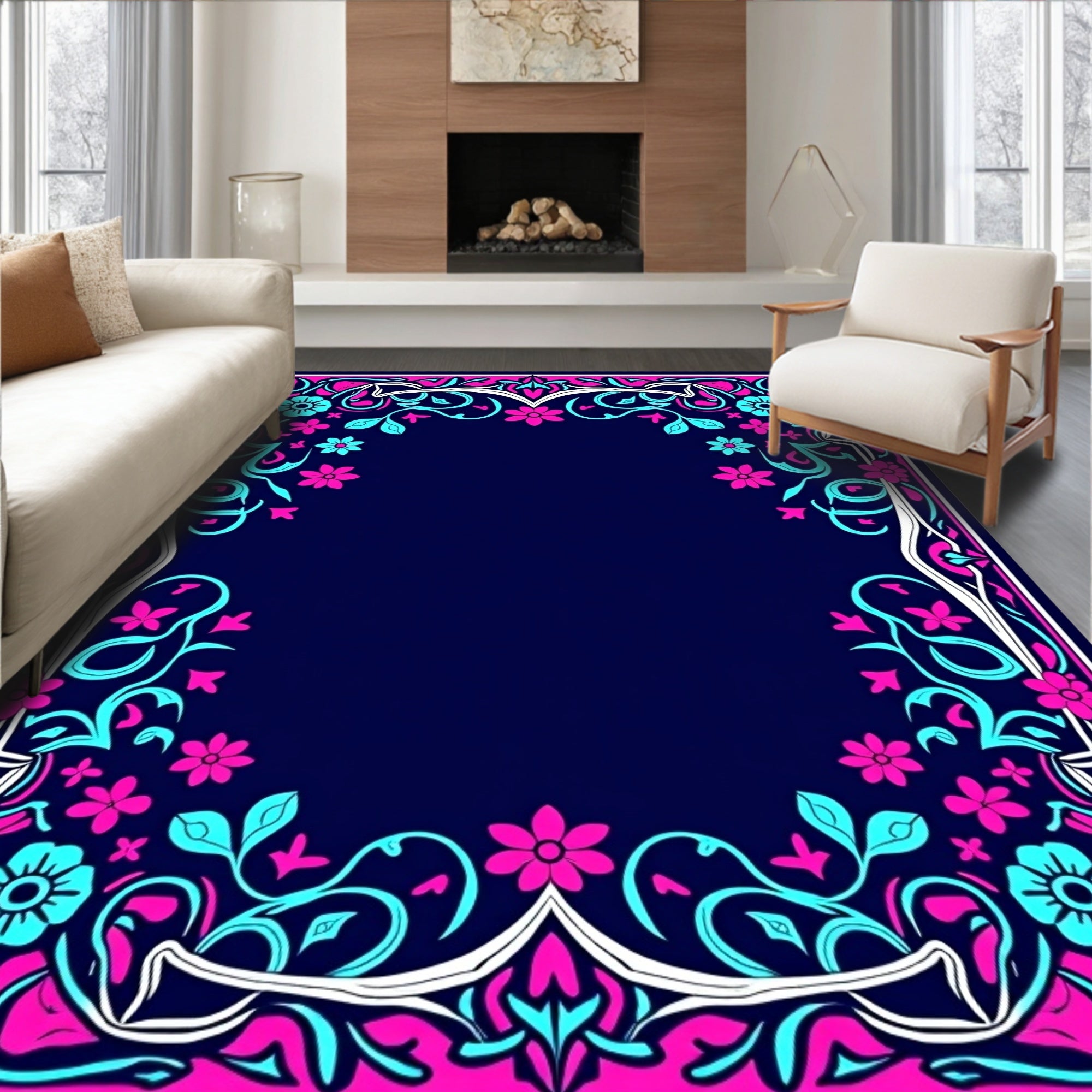 Vibrant Pink Teal Floral Frame Rug