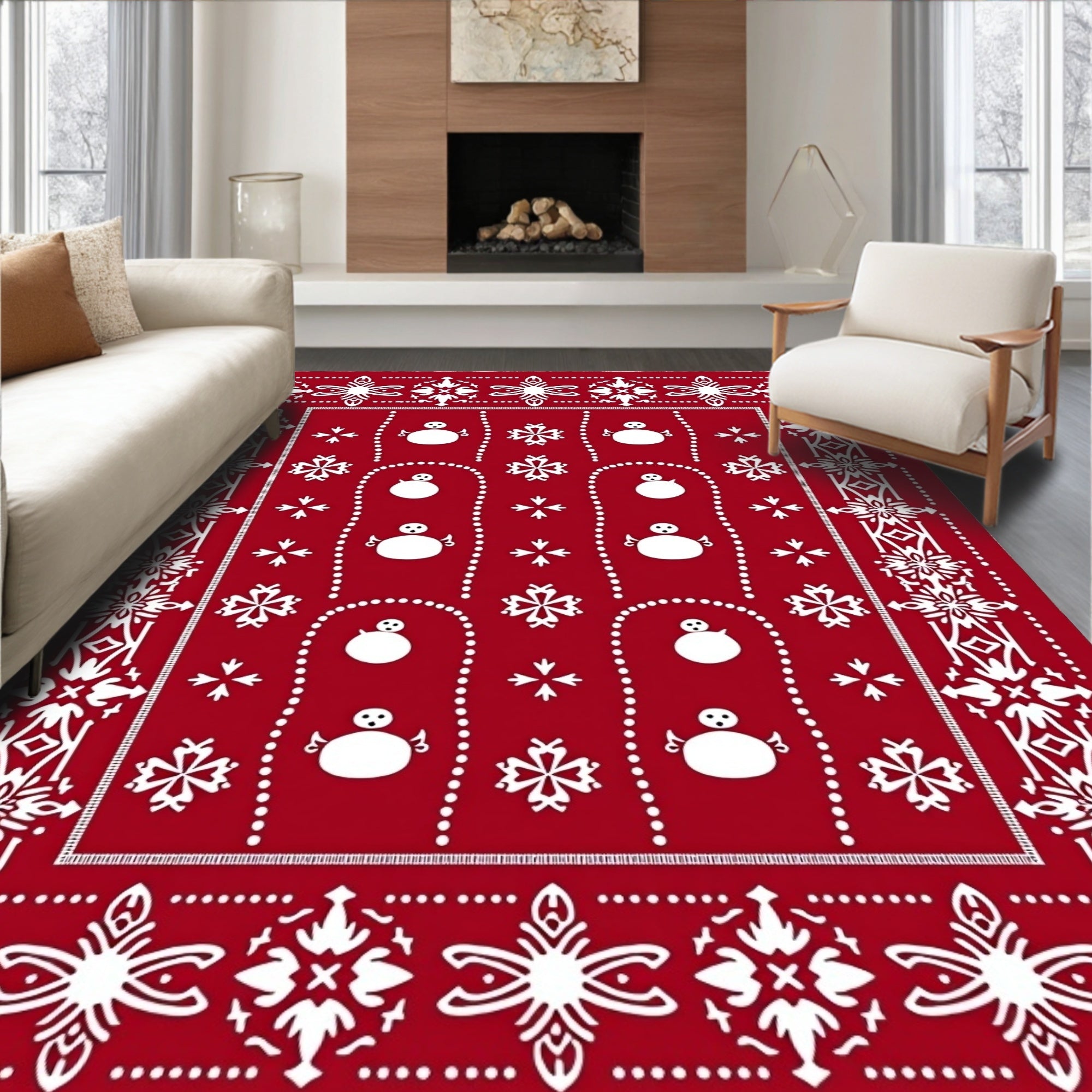 Red Snowman Snowflake Festive Border Rug