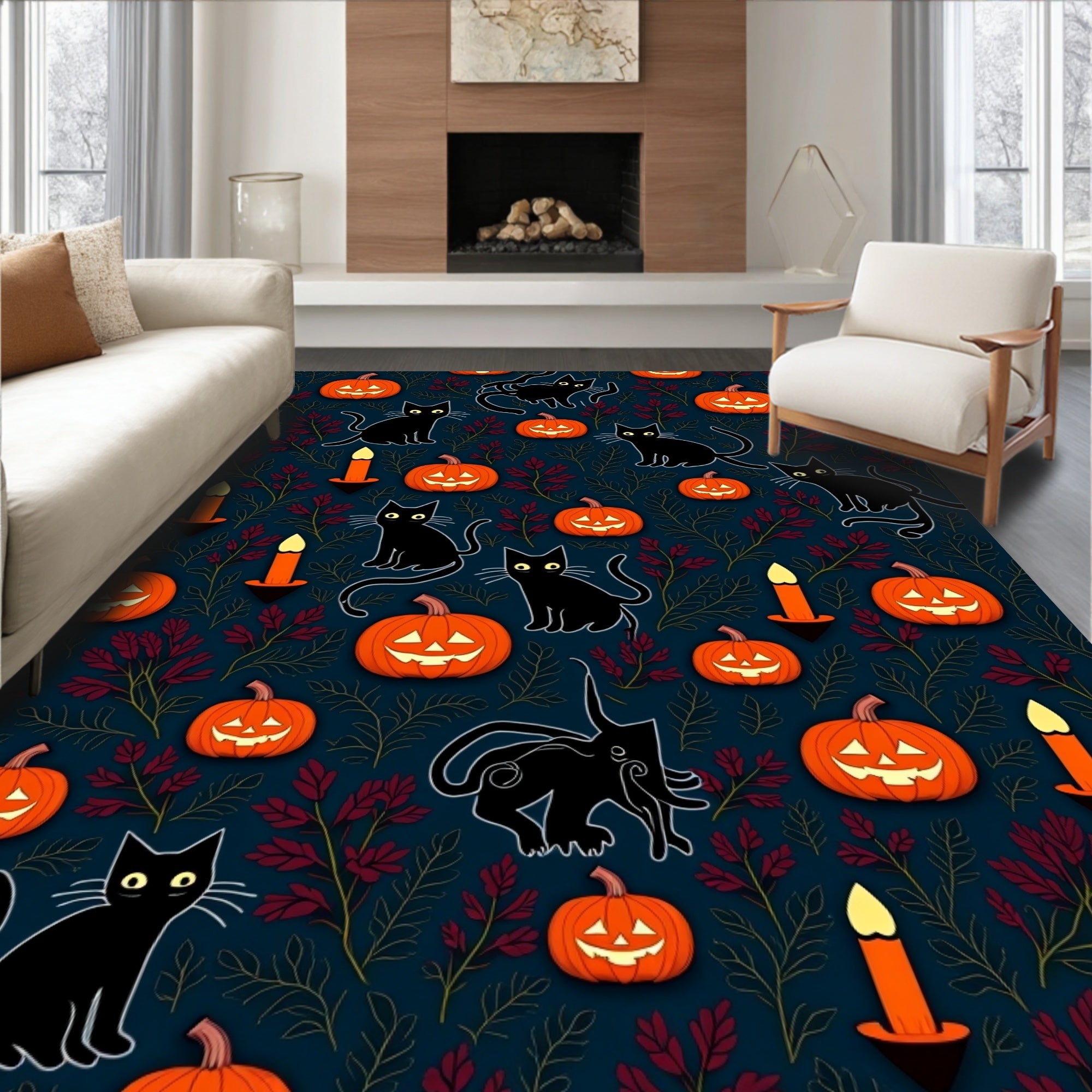Spooky Black Cats Pumpkin Candle Scatter Rug