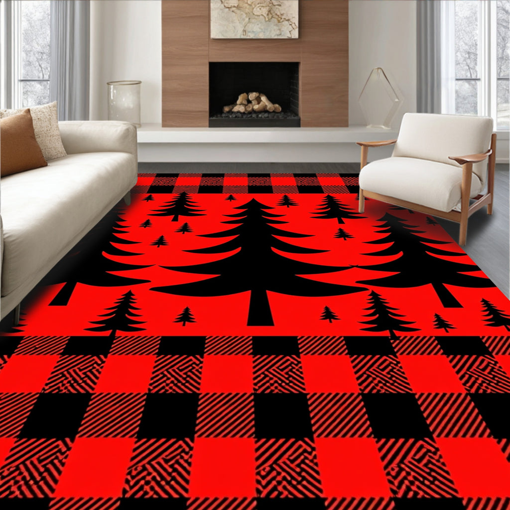 Red Black Buffalo Plaid Forest Pine Trees Rug