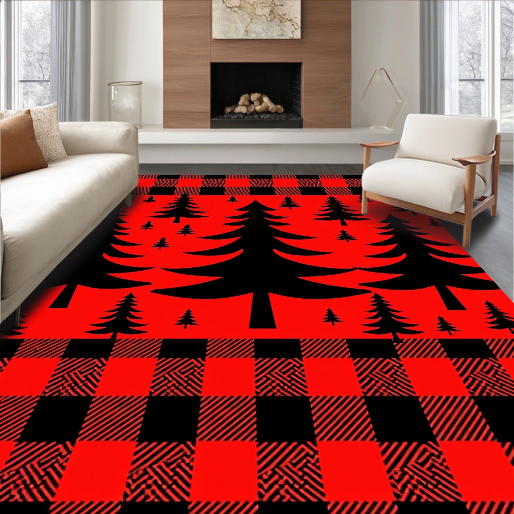 Red Black Buffalo Plaid Forest Pine Trees Rug