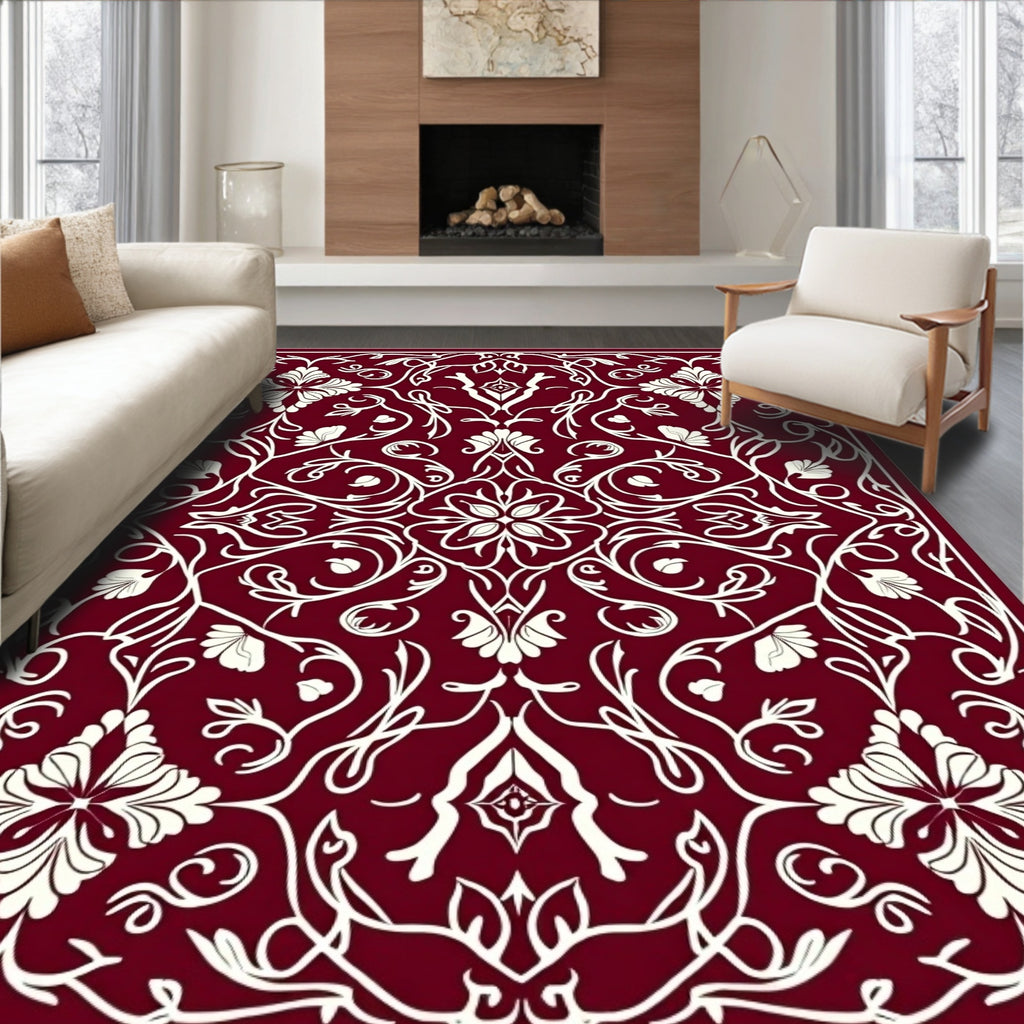 Crimson White Floral Art Nouveau Rug