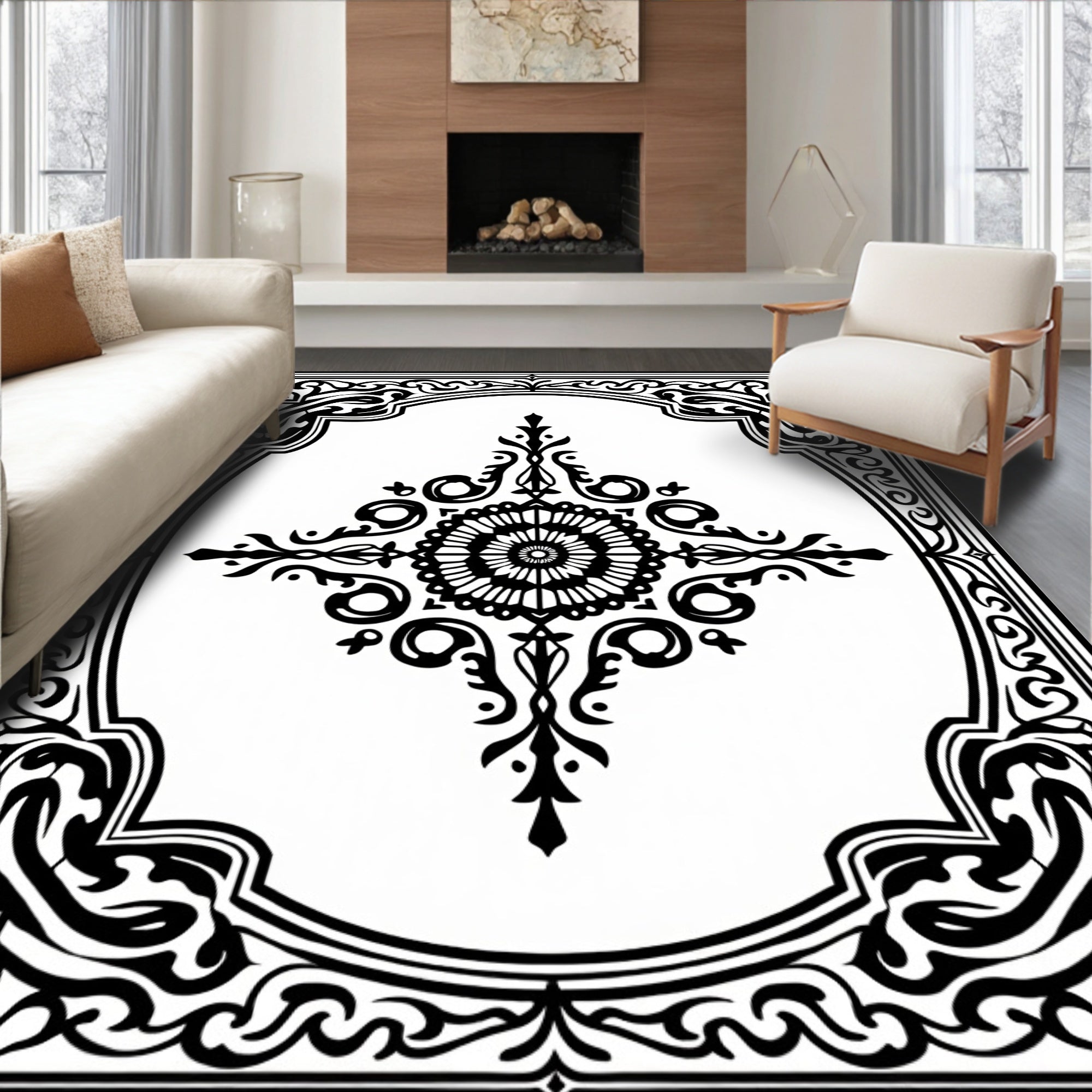 Black Ornate Flourish Medallion Rug