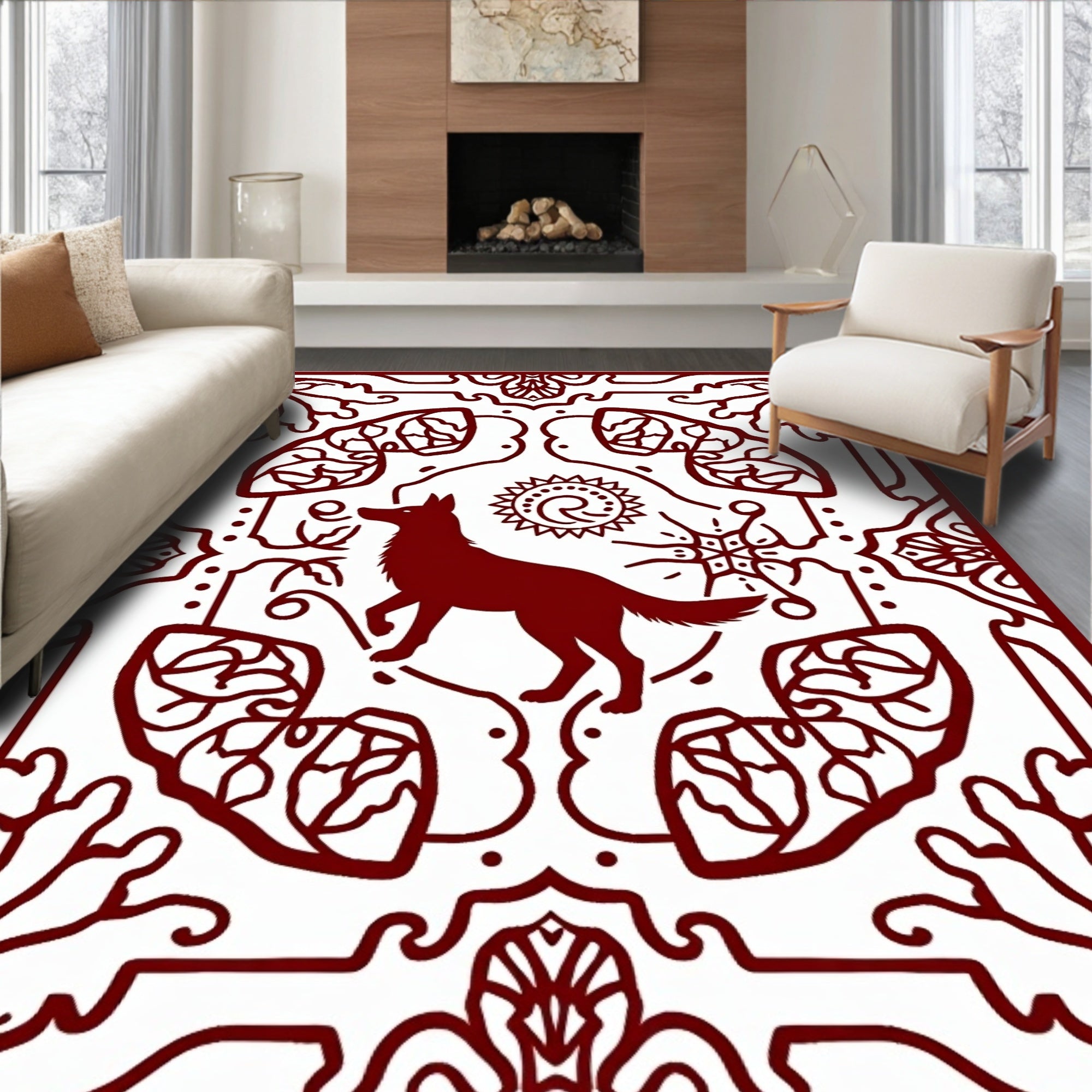 Crimson Wolf Sun Floral Mandala Rug