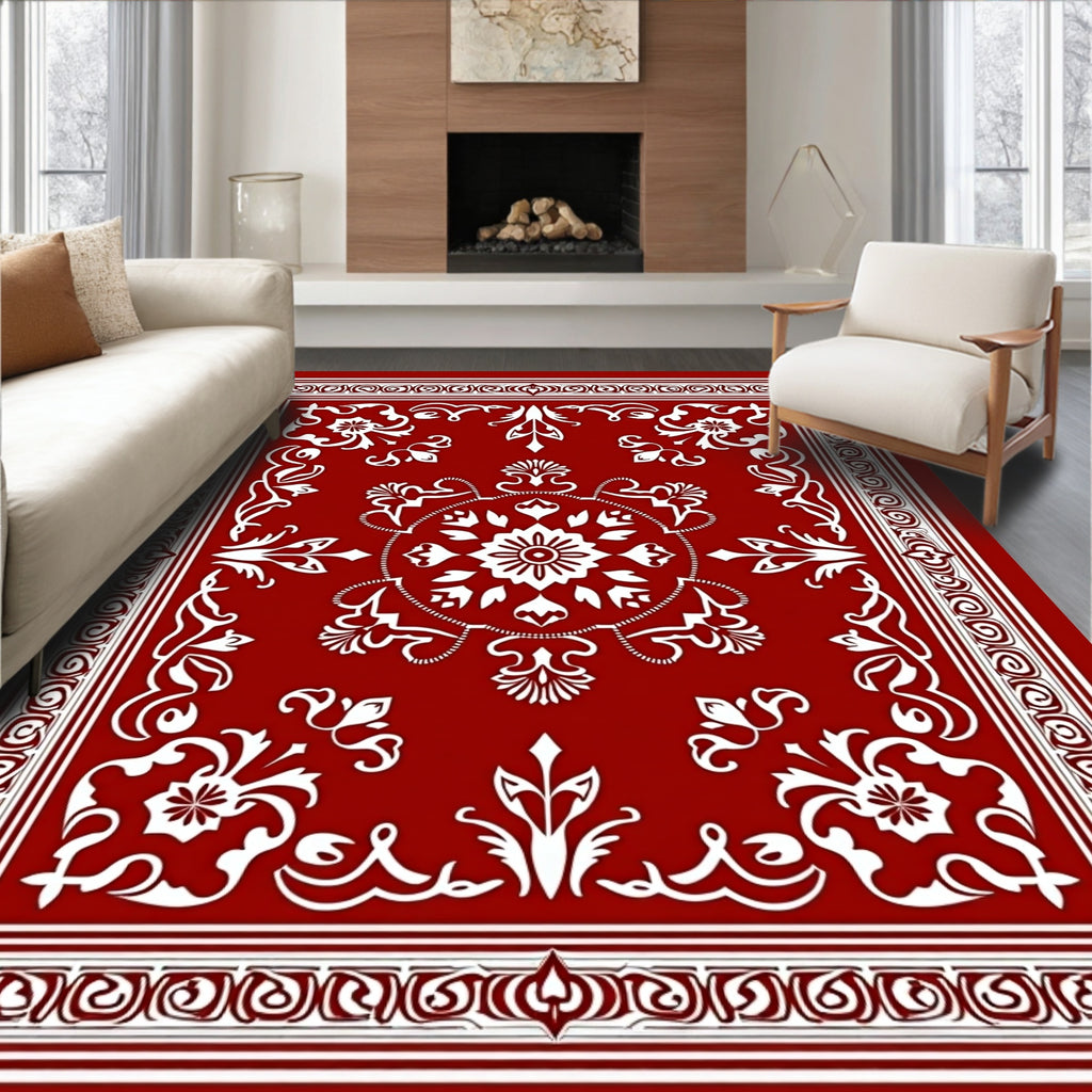 Ornate White Floral Red Centerpiece Rug
