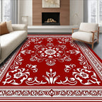 Ornate White Floral Red Centerpiece Rug