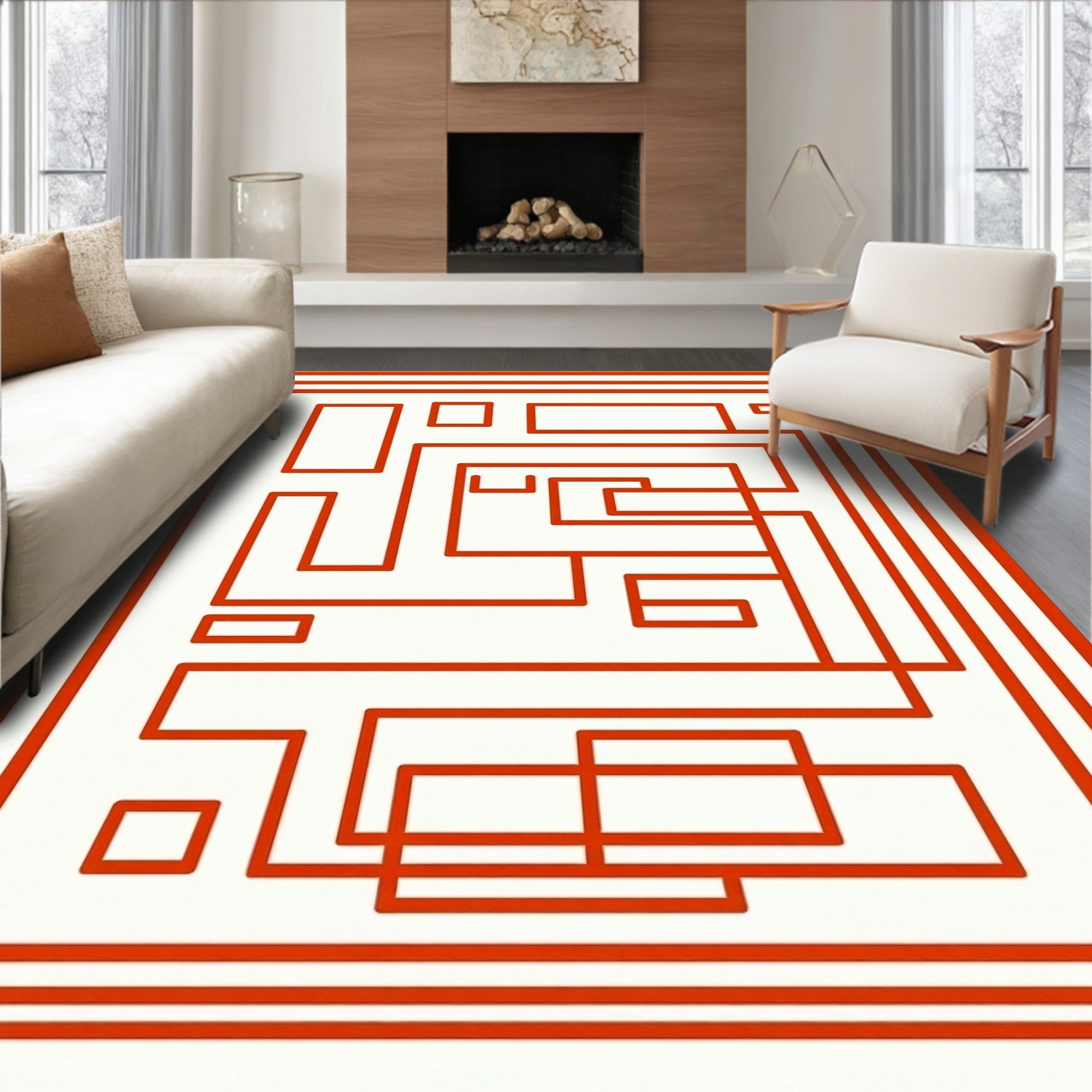 Crimson Abstract Geometric Maze Rug