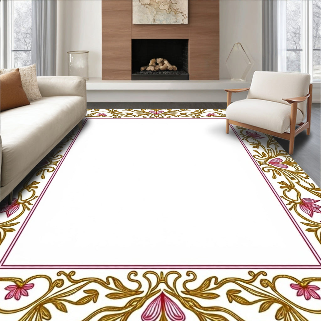 Elegant Pink Floral Gold Vine Border Rug