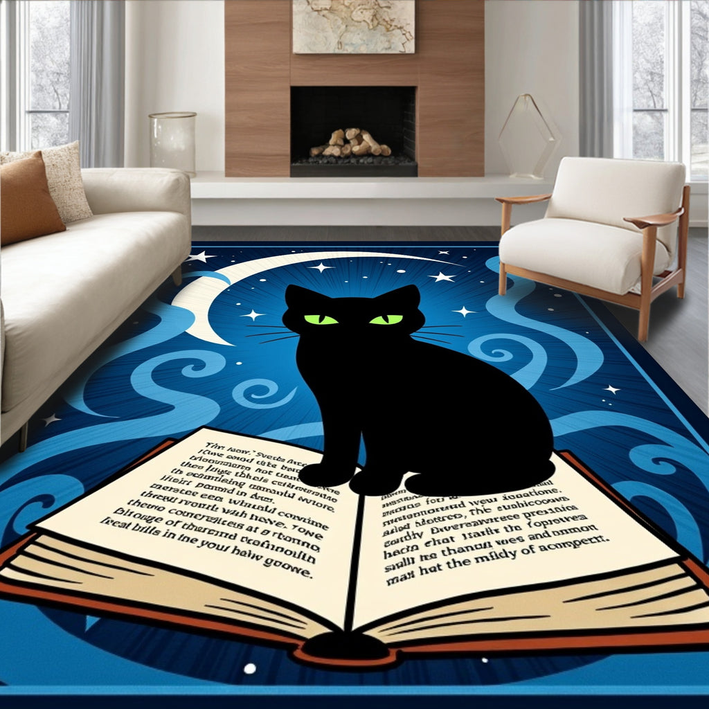 Mystical Black Cat Crescent Moon Rug