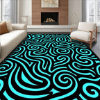 Cyan Swirls Black Abstract Lines Rug