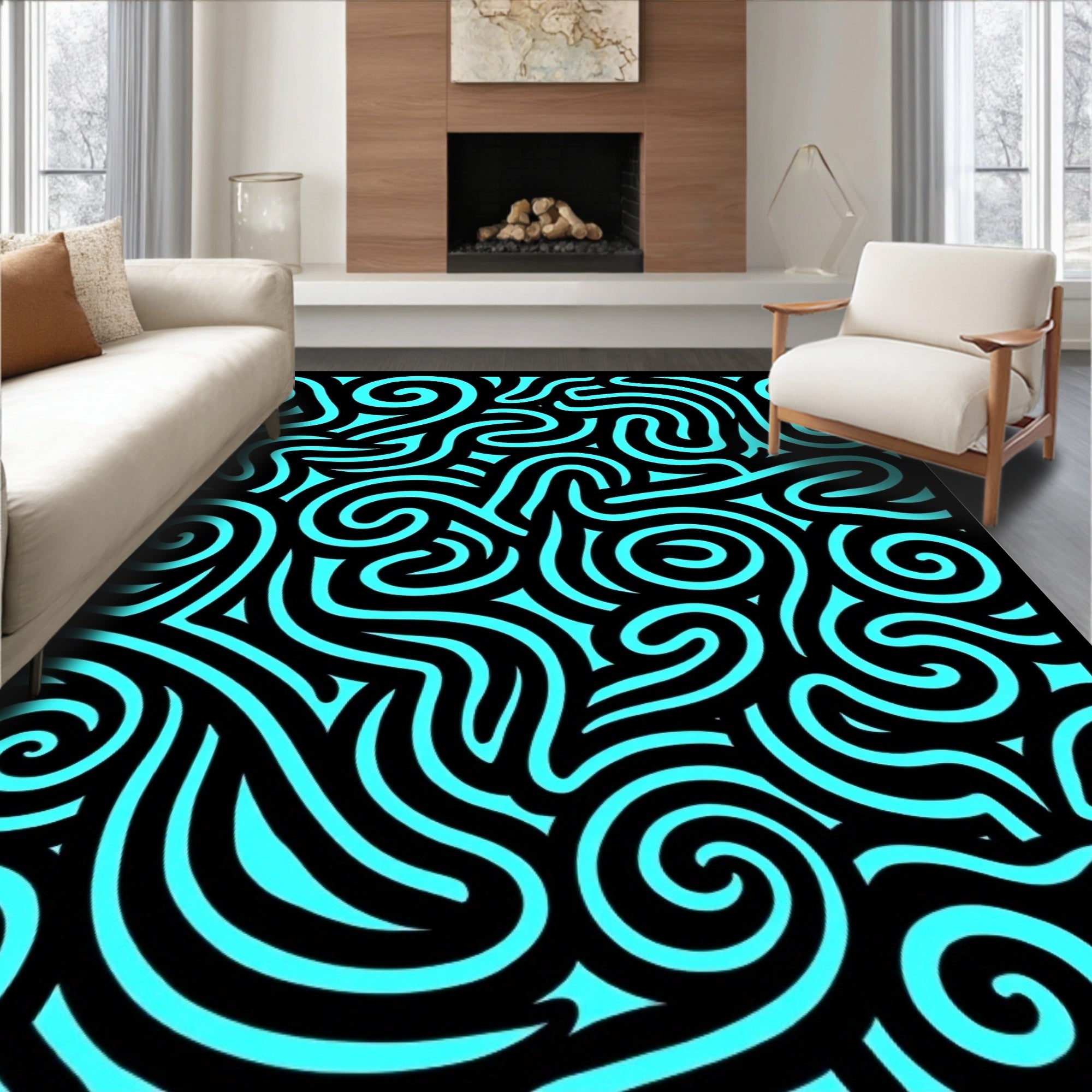 Cyan Swirls Black Abstract Lines Rug