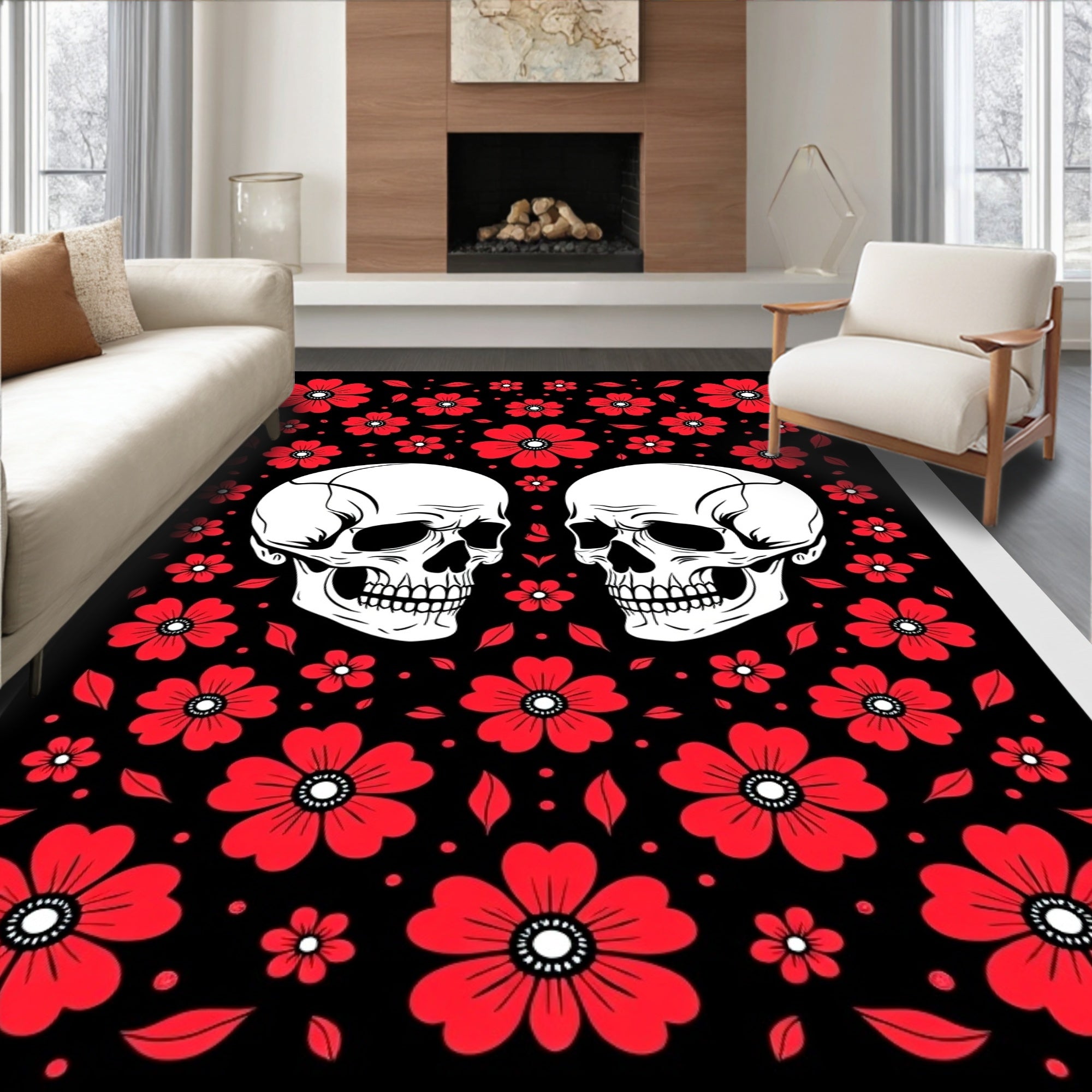 Red Skull Floral Whimsical Rug