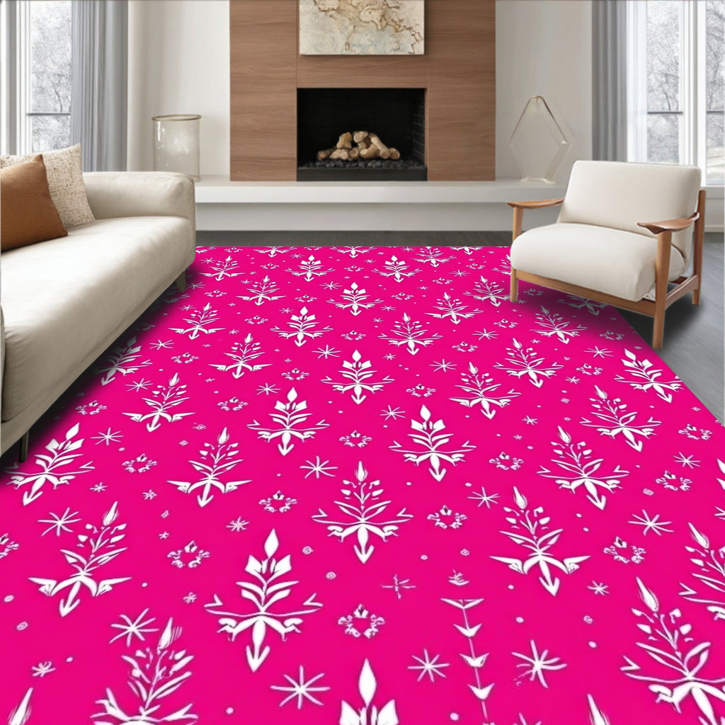 Hot Pink White Floral Snowflakes Rug