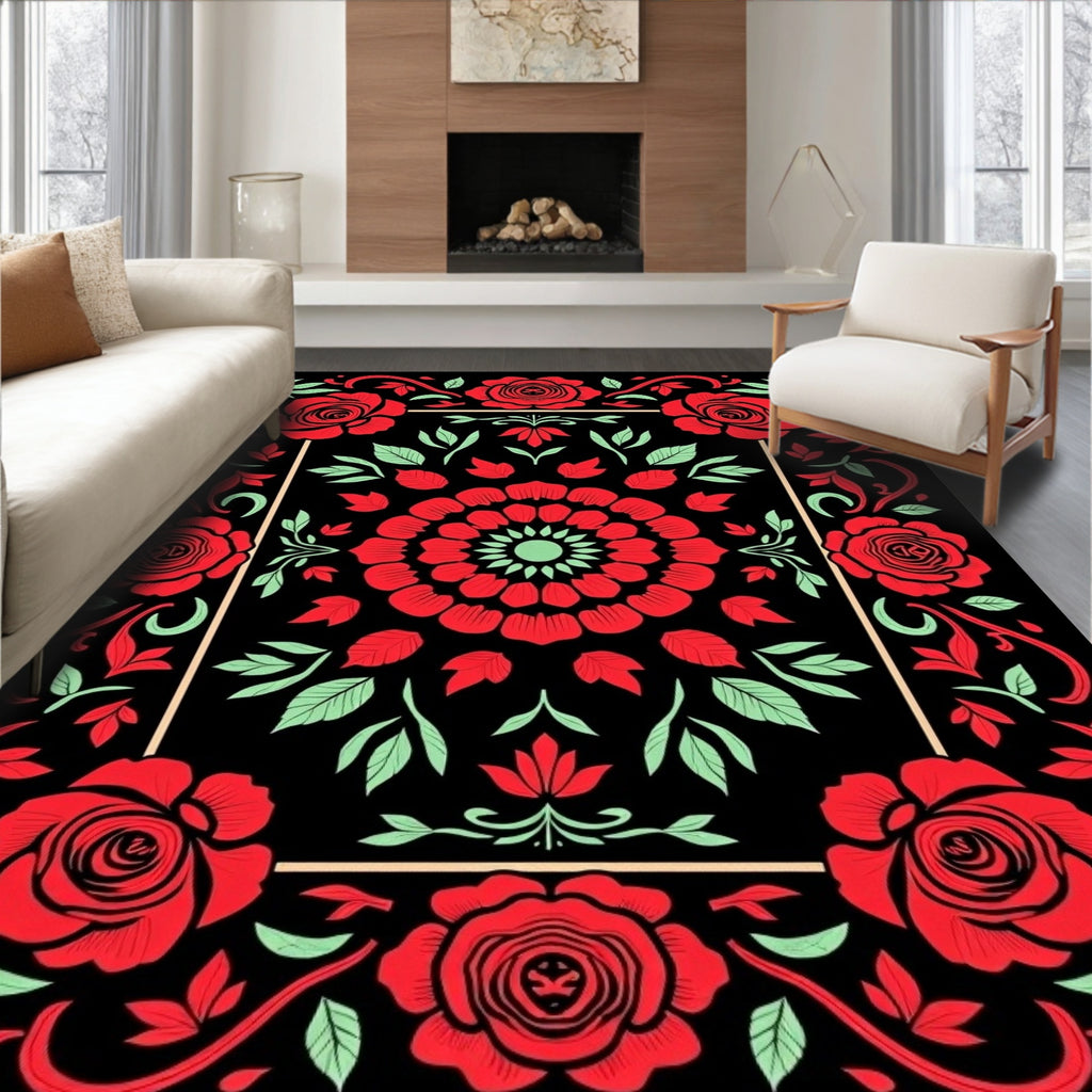 Crimson Rose Medallion Black Vintage Rug