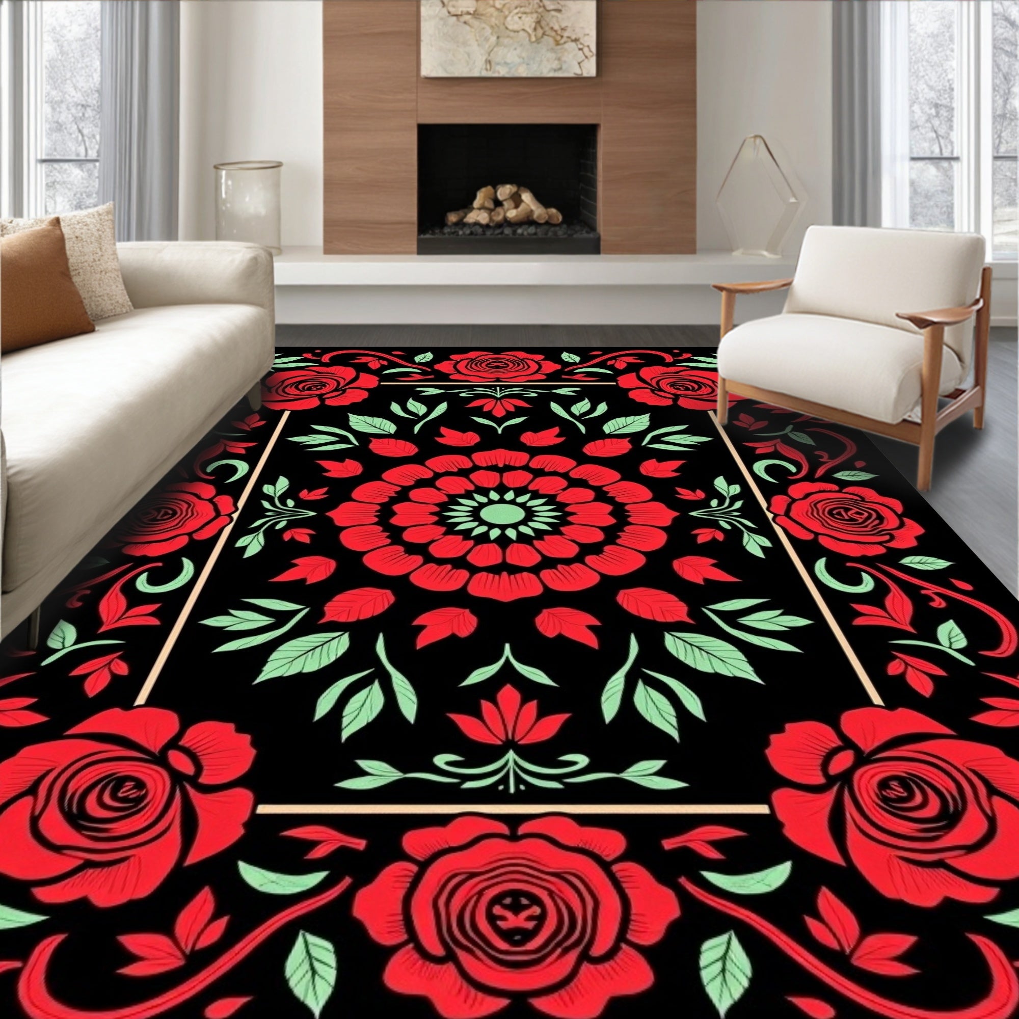 Crimson Rose Medallion Black Vintage Rug