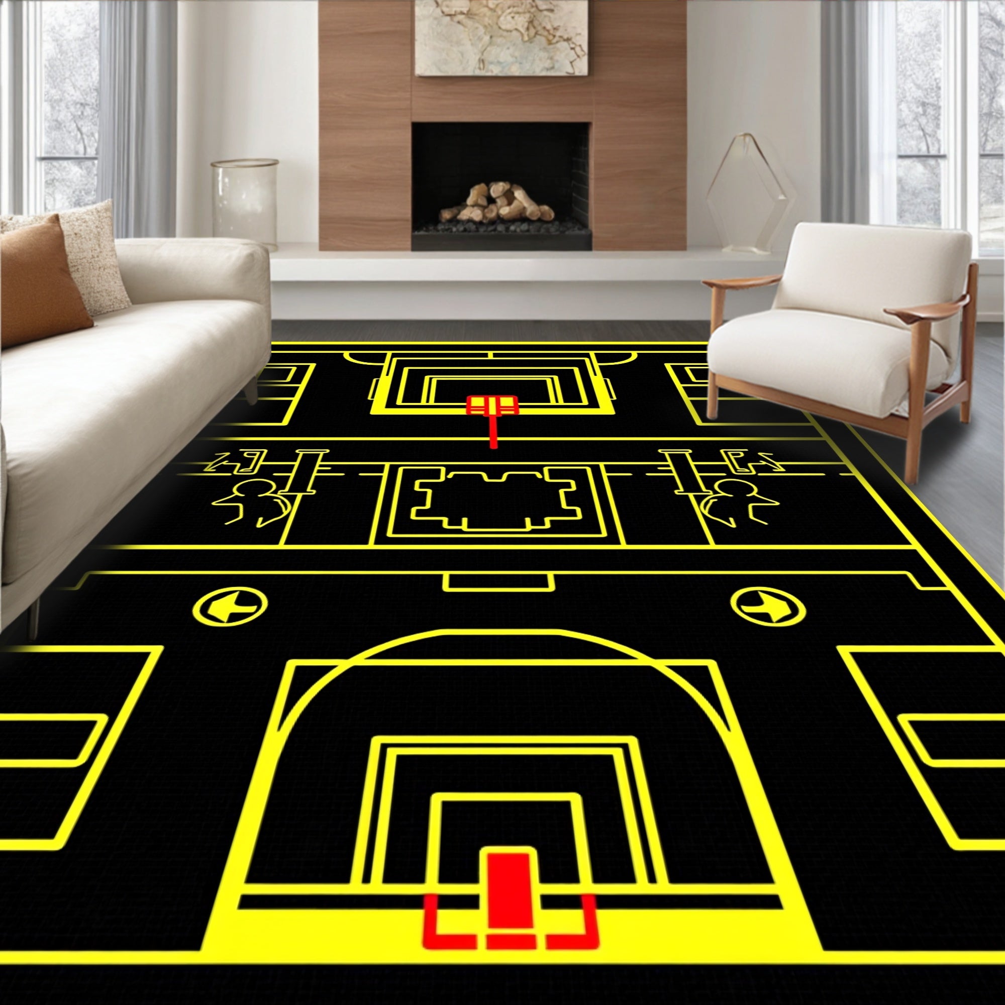 Graphic Basketball Court Yellow Black Rug
