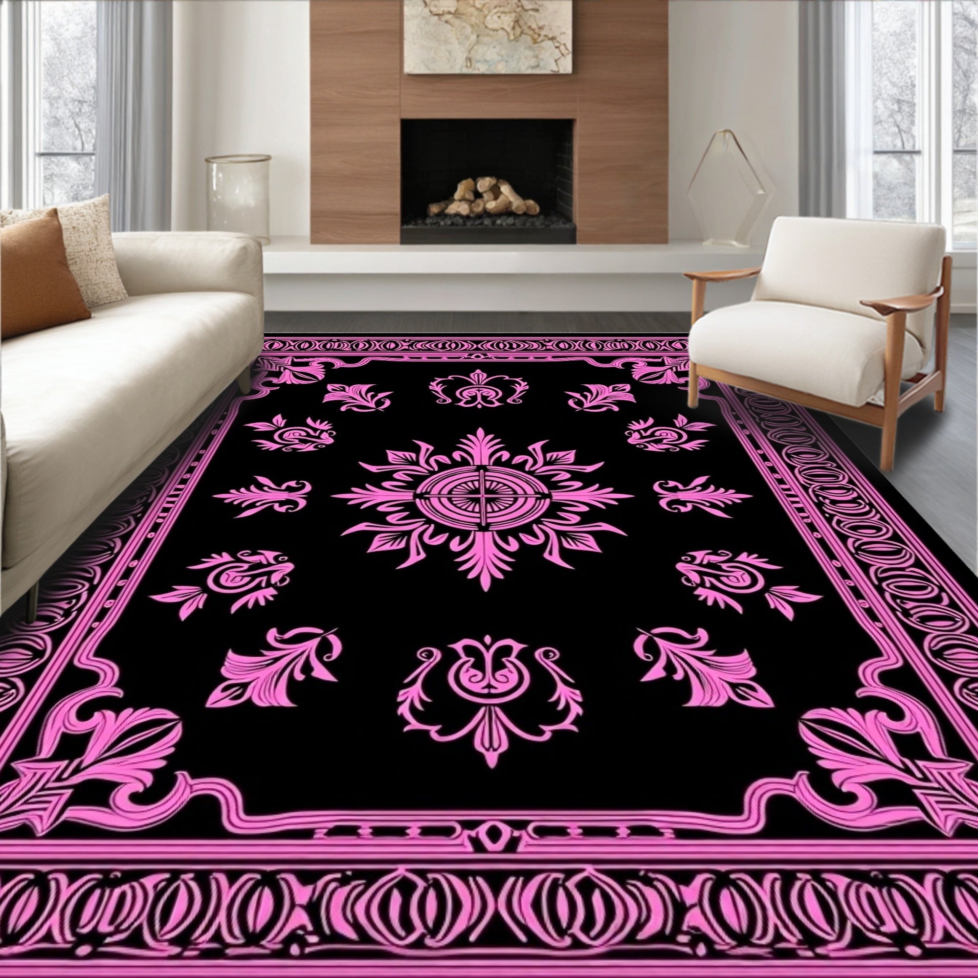 Vibrant Pink Art Deco Floral Mandala Rug
