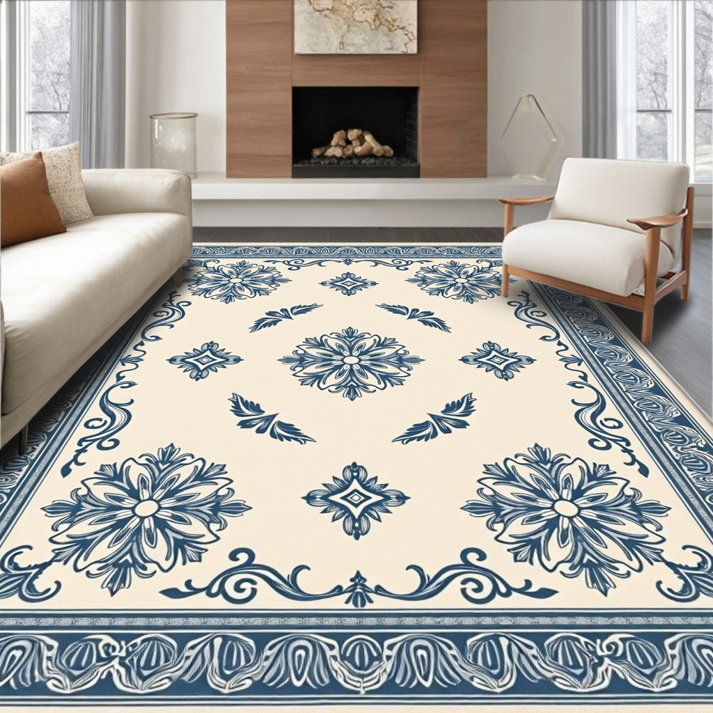 Cream and Navy Floral Medallion Rug
