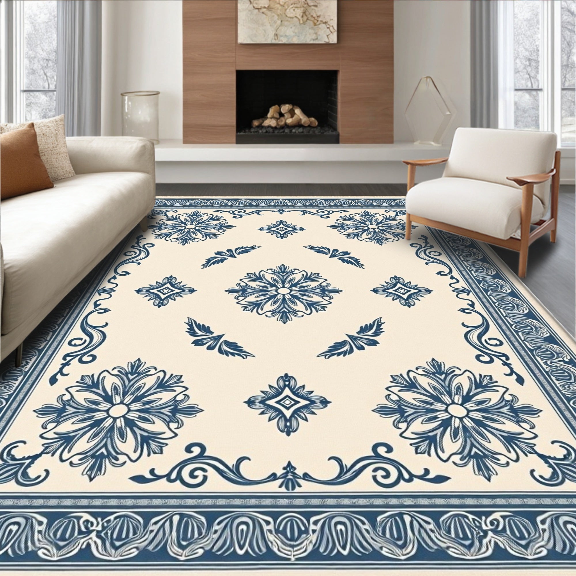 Cream and Navy Floral Medallion Rug