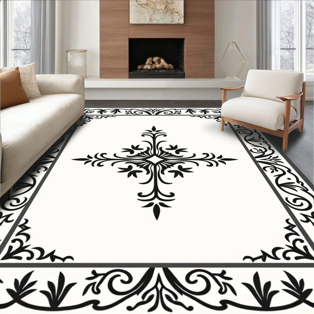 Ornate Black Floral Border Accent Rug