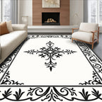 Ornate Black Floral Border Accent Rug