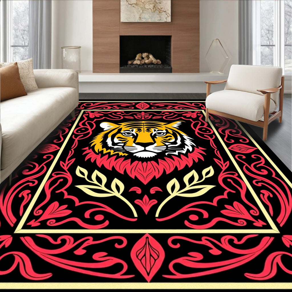 Bold Tiger Head Red Floral Frame Rug
