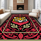 Bold Tiger Head Red Floral Frame Rug