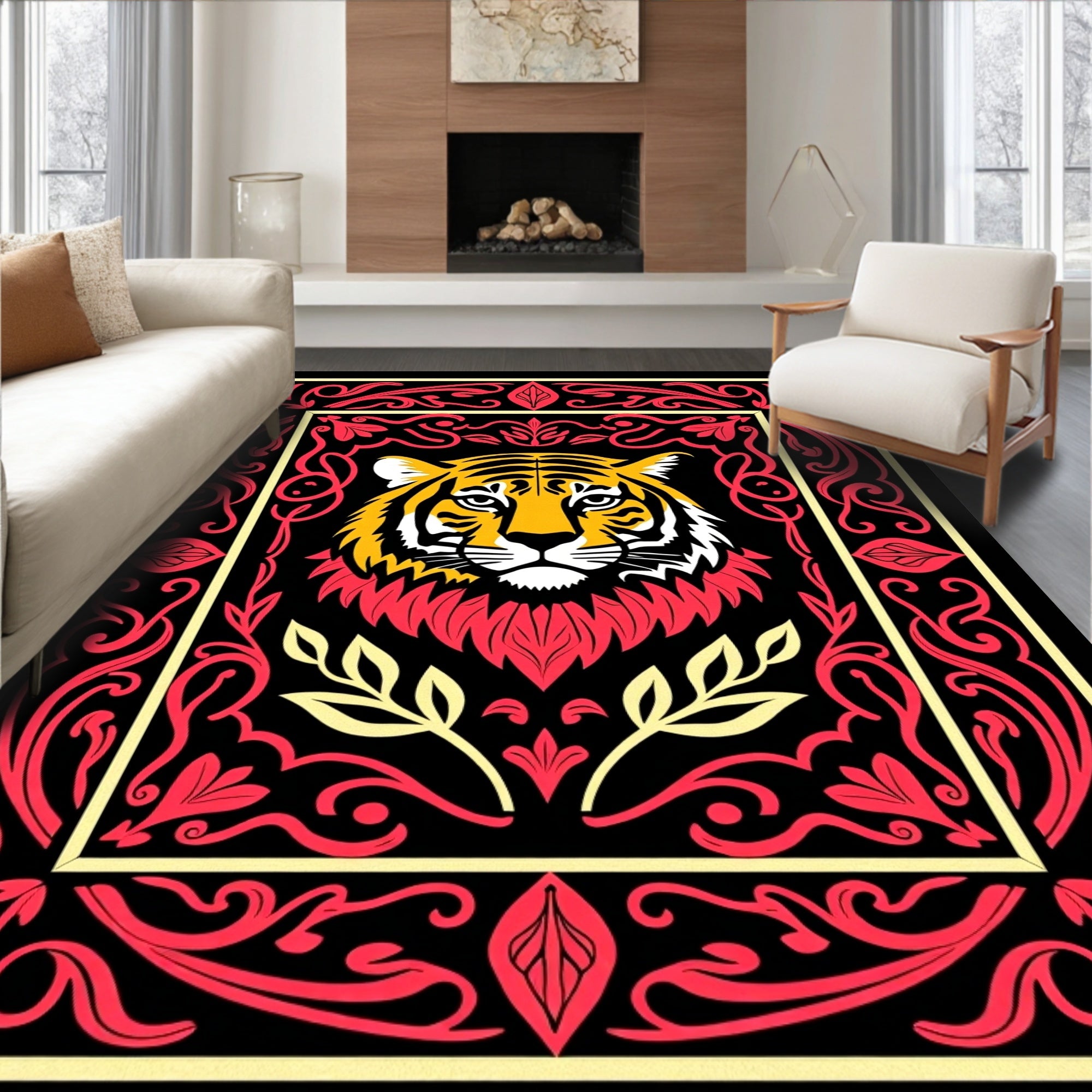 Bold Tiger Head Red Floral Frame Rug