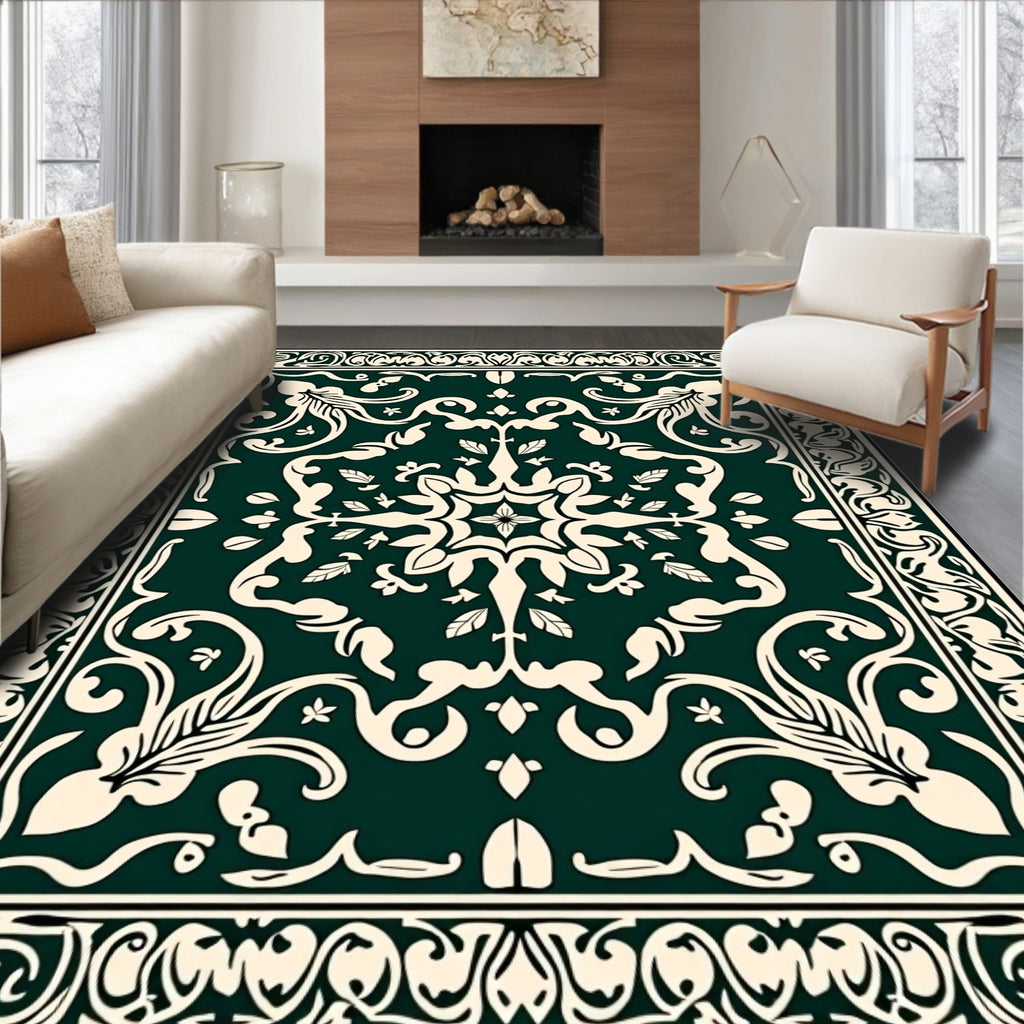 Emerald Ivory Arabesque Scroll Rug
