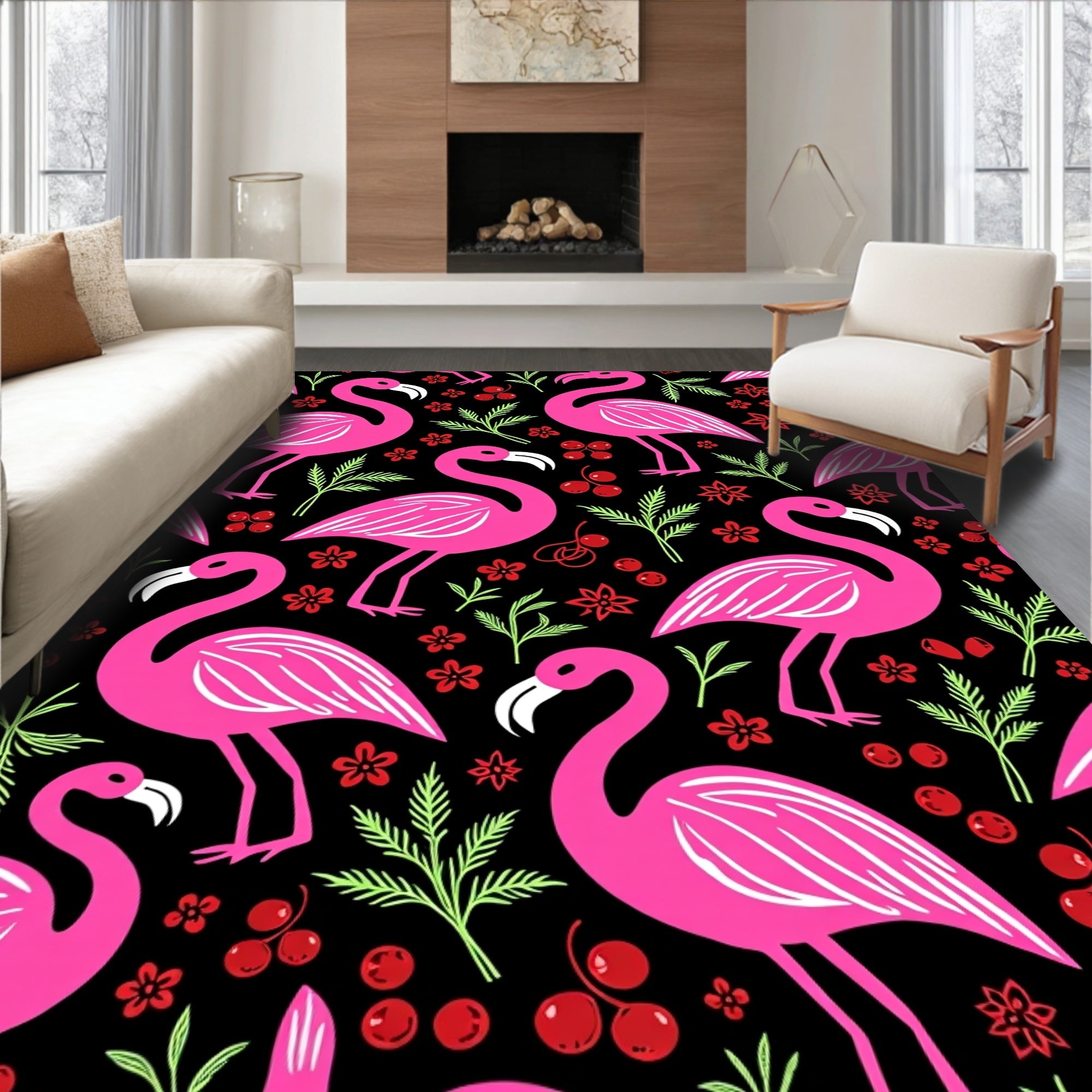 Vibrant Pink Flamingo Tropical Floral Rug