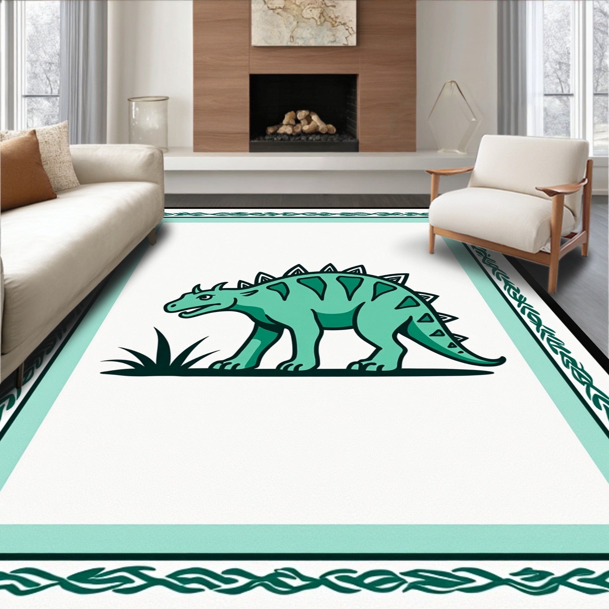 Green Dino Grass Border Rug