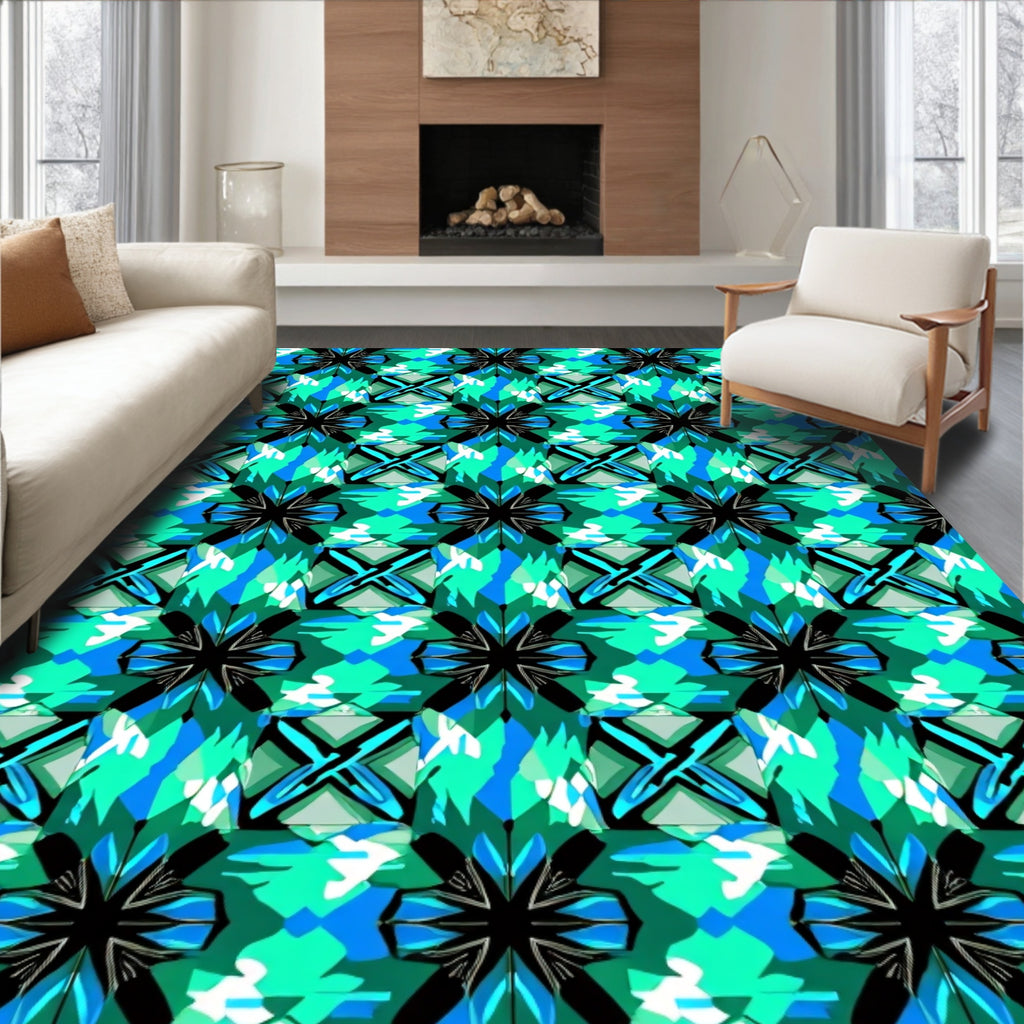 Vibrant Teal Blue Geometric Starburst Rug
