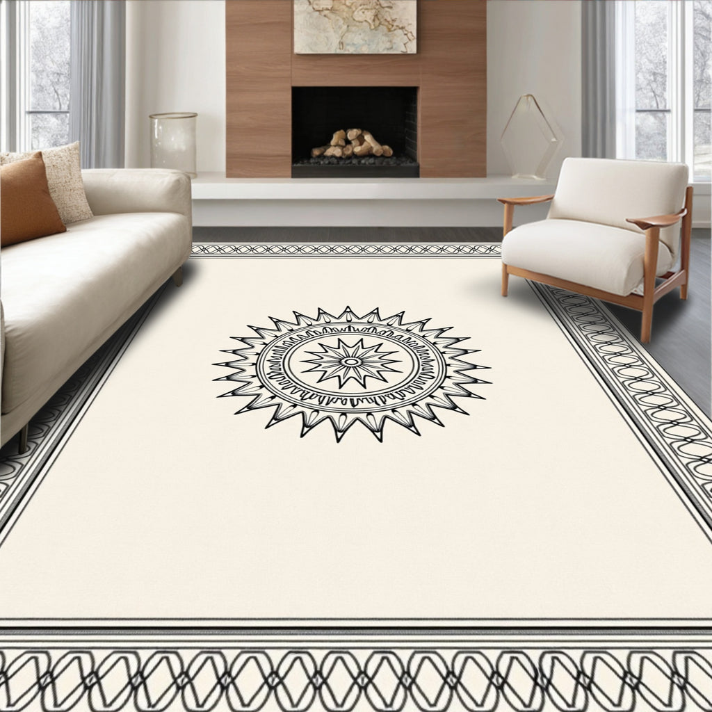 Black Sunburst Mandala Cream Border Rug