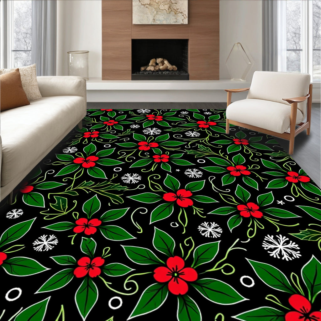 Classic Red Poinsettia Snowflake Garland Rug