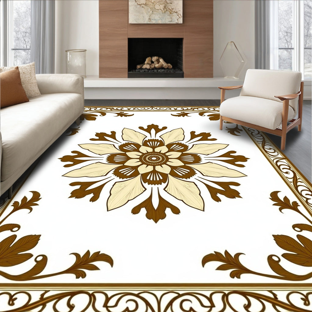 Brown Golden Floral Medallion Border Rug