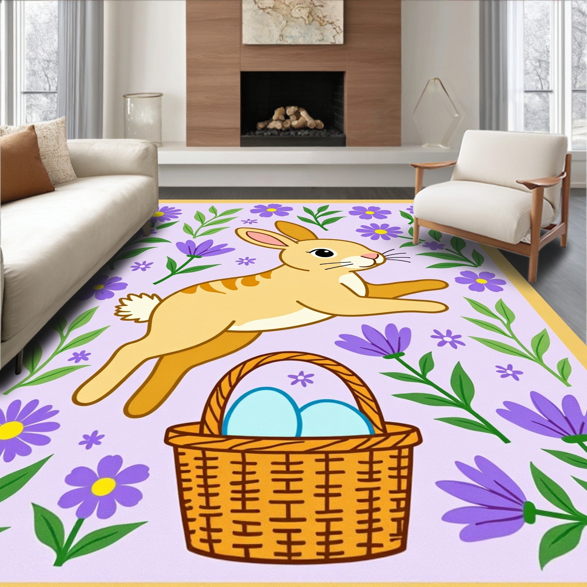 Jumping Rabbit with Purple Floral Basket Rug