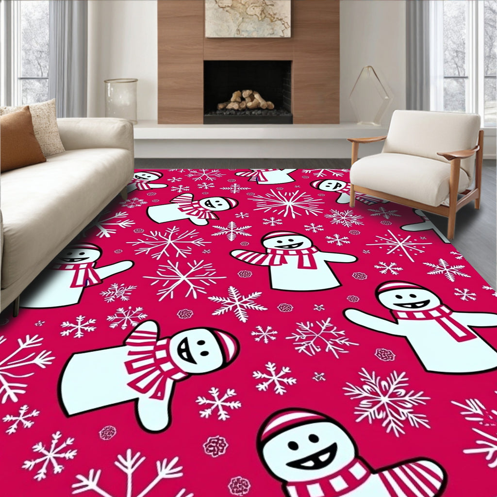 Happy Snowmen Snowflake Red Background Rug