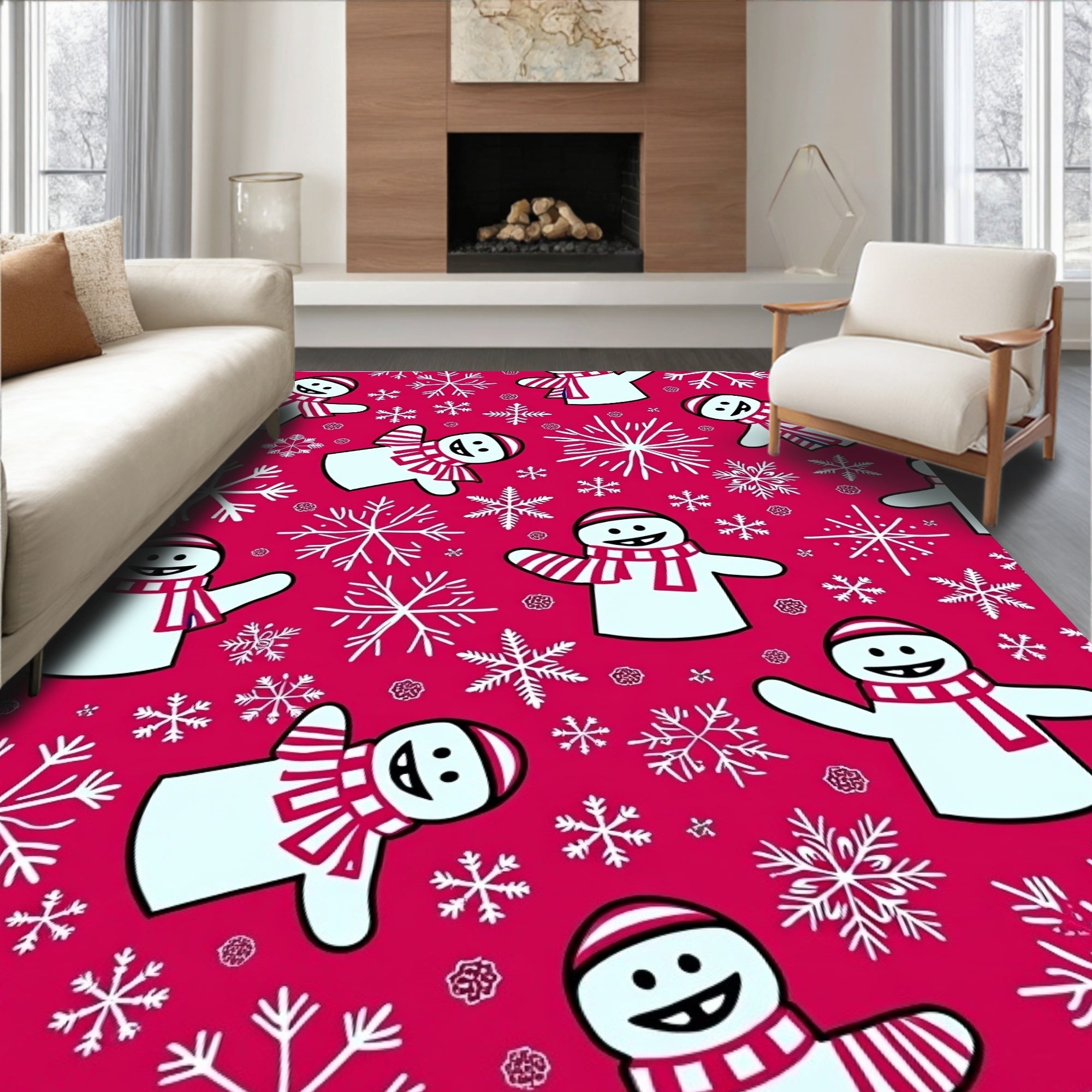 Happy Snowmen Snowflake Red Background Rug