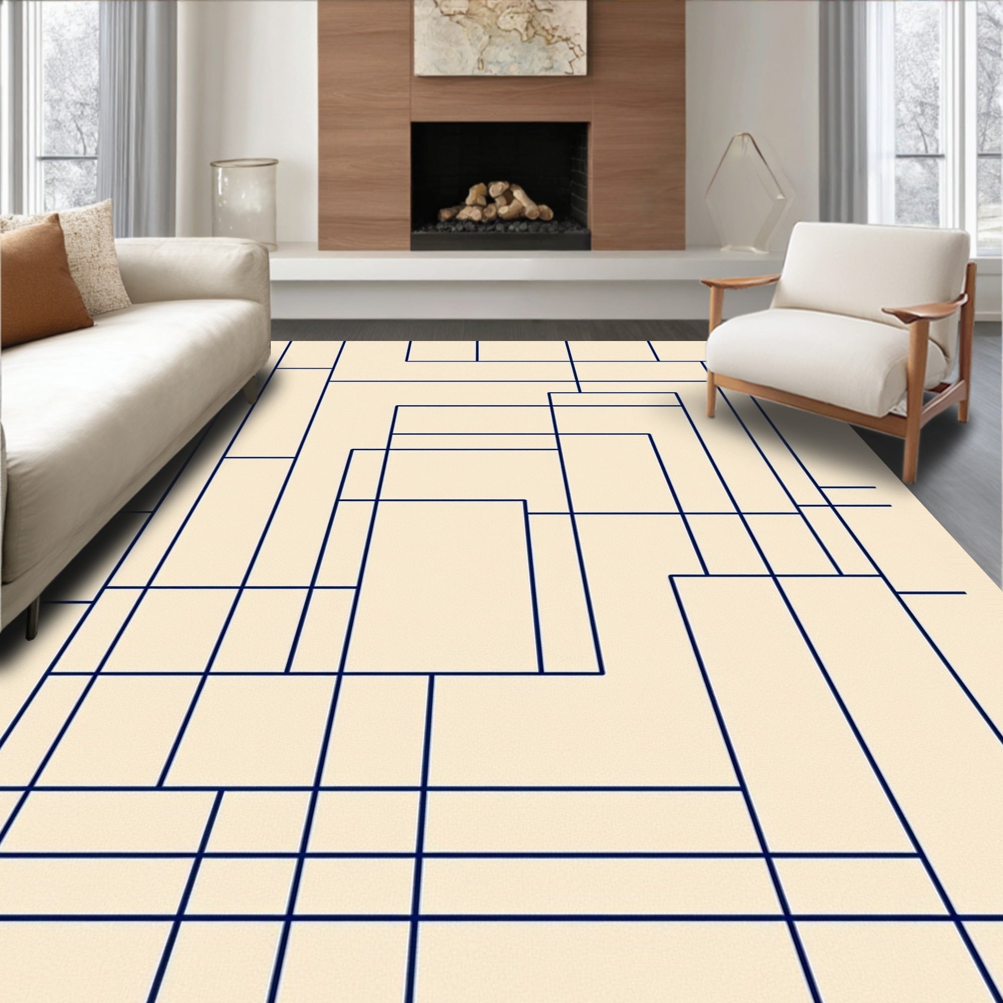 Modern Navy Geometric Line Rug
