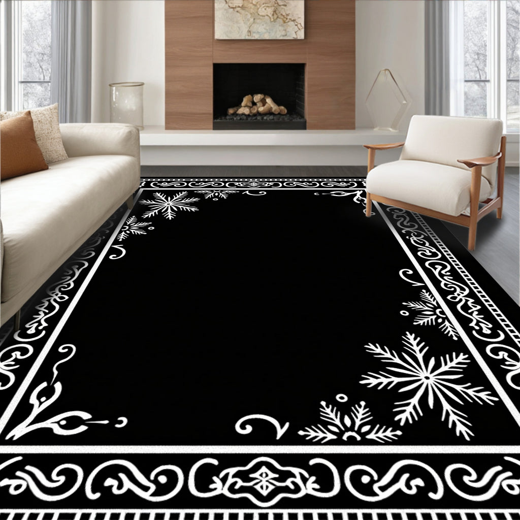 Winter White Snowflake Ornate Border Rug