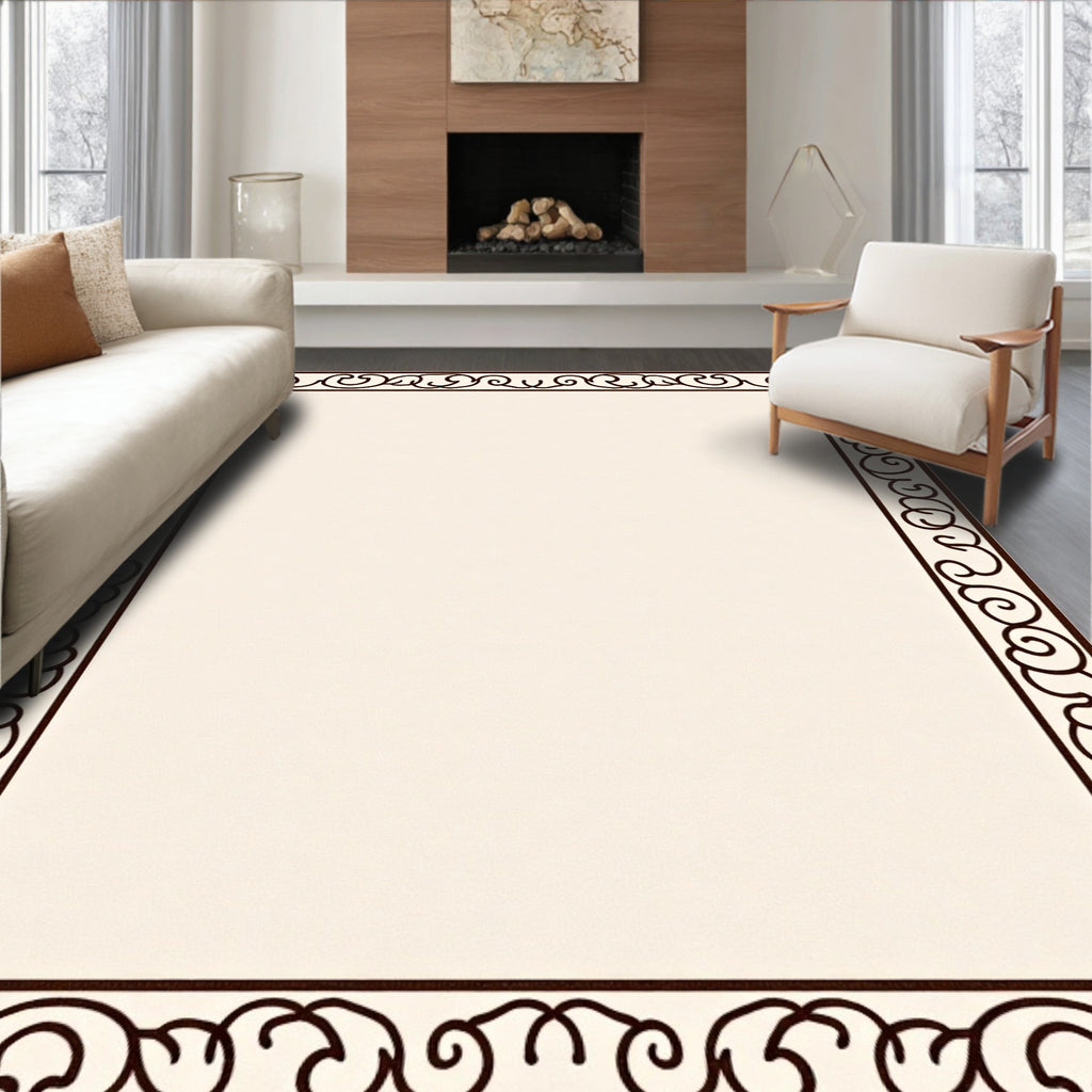 Dark Brown Ivory Scroll Border Rug
