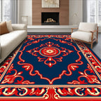 Royal Blue Red Floral Medallion Frame Rug