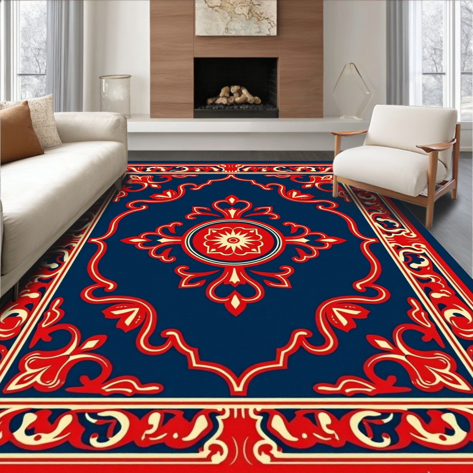 Royal Blue Red Floral Medallion Frame Rug