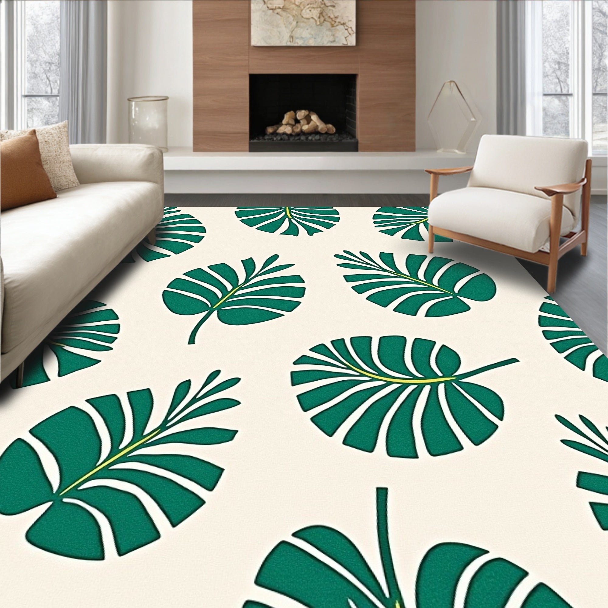 Emerald Green Tropical Monstera Leaves Rug