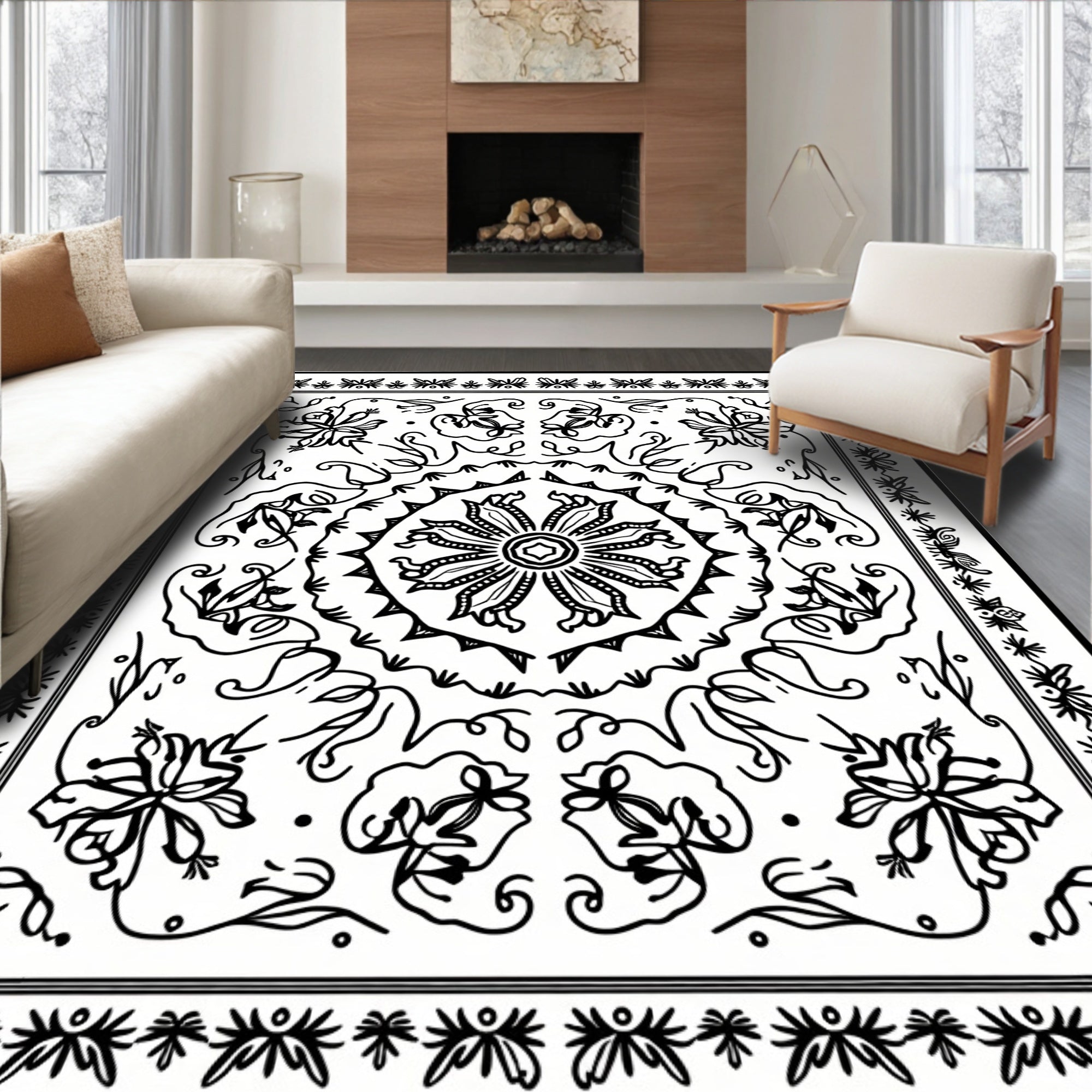 Black White Floral Mandala Rug
